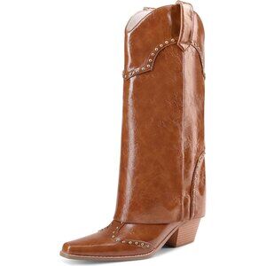 Women's Brown Pantent Shark Boots Fold Over Mid Calf Chunky Heel Snip Toe Cowboy
